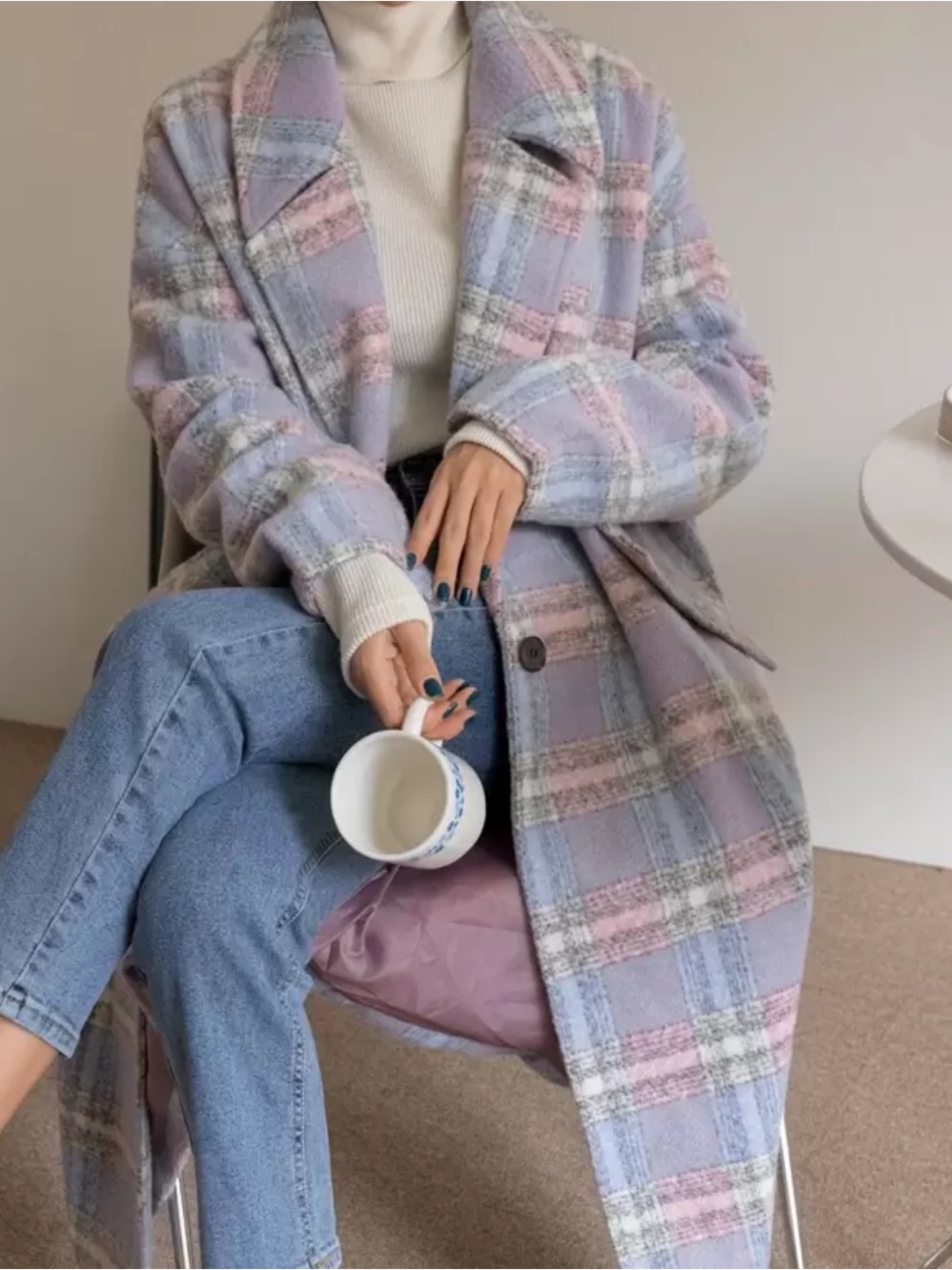 Plaid Lapel Neck Single Button Overcoat Women Jacket,Fall Women Clothes